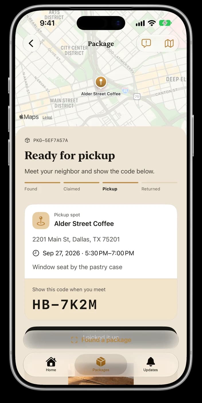 Handback’s pickup screen with a meeting location, time, and private pickup code