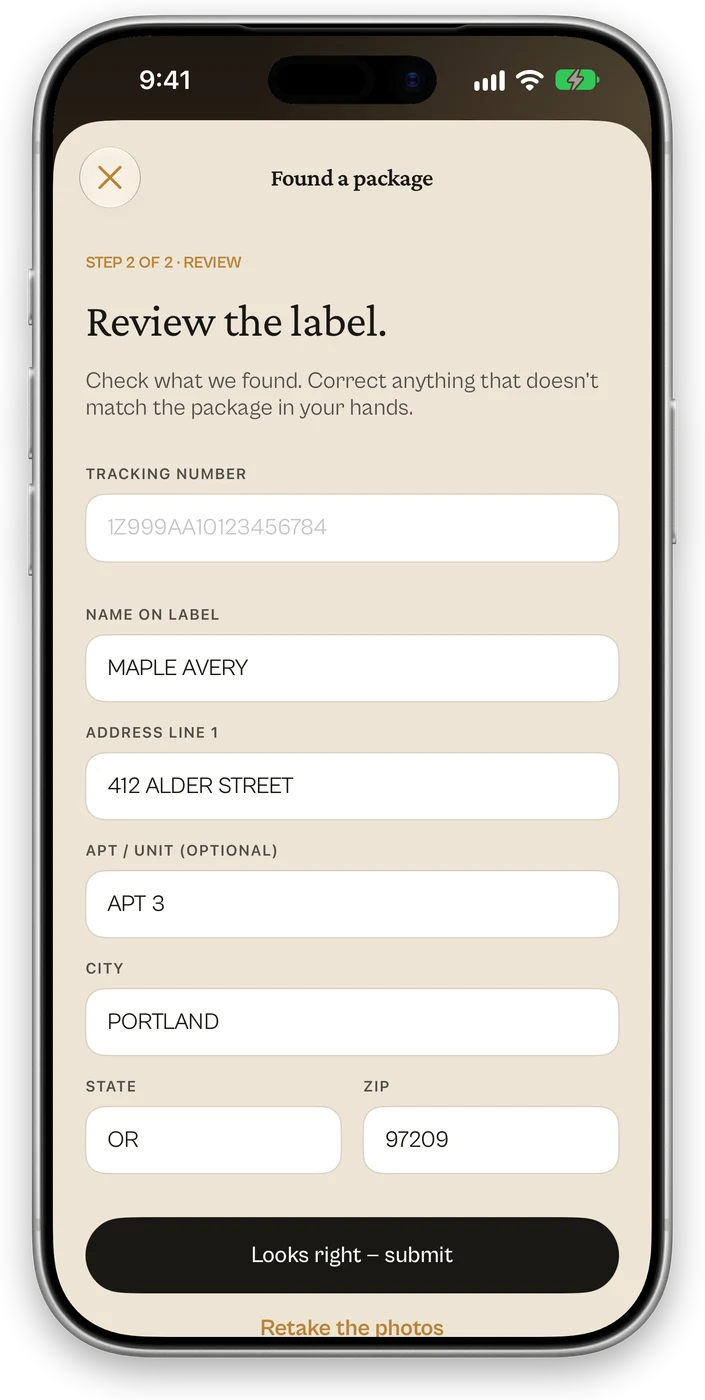 Handback’s label review screen with delivery details ready to check