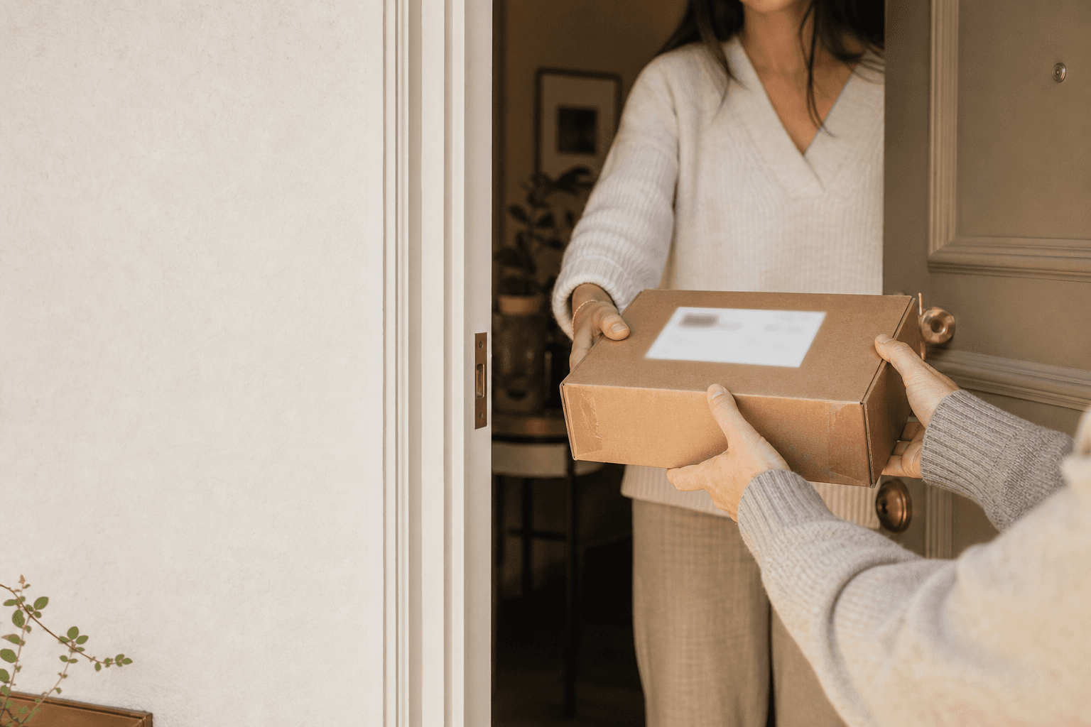 Two neighbors safely handing back a package with its label blurred